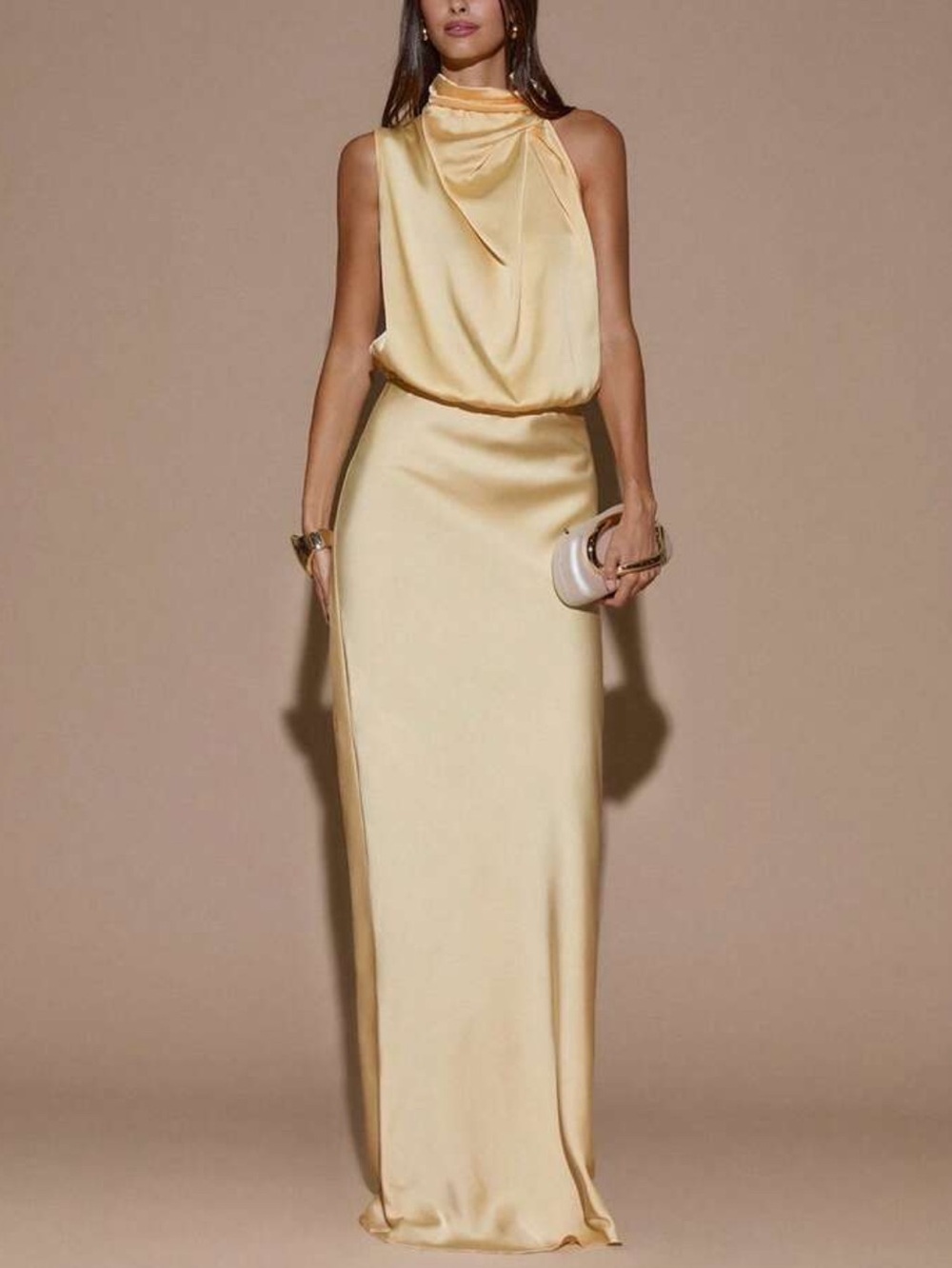 Elegant Satin Halter Evening Dress in Pale Yellow